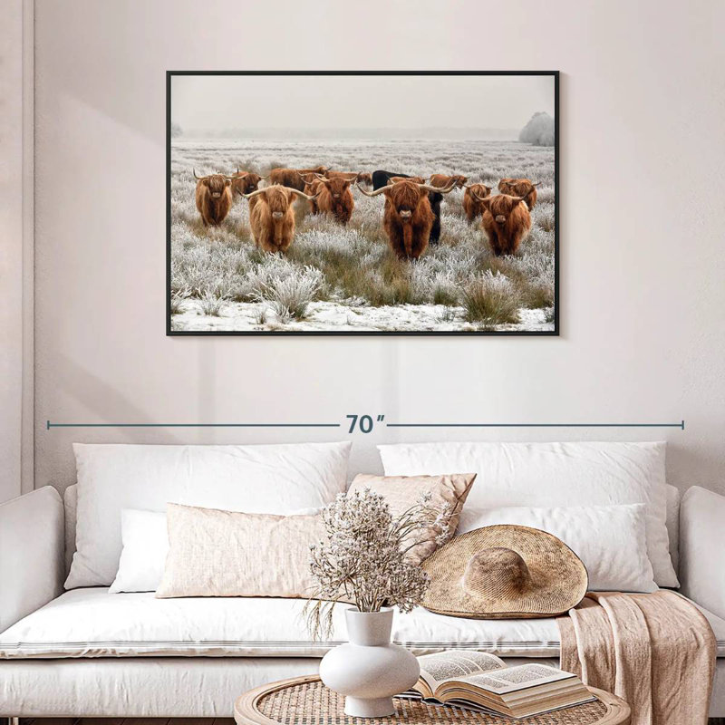 Winter Highland Cows, Cadre flottant noir, 43 po x 29 po