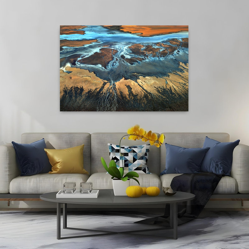 Abstract River Delta Abstract Vibrant Contemporary Landscape Nature Wall Art Print 1 Piece Wrapped Canvas Wall Art