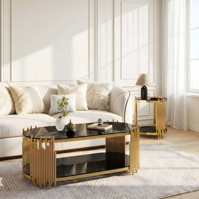 Ensemble de table basse ovale et table d'appoint contemporaines avec structure en tiges métalliques au design architectural.