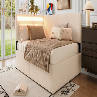 Twin Size Boucle Bed Frame, Upholstered Cloud Bed Frame With Headboard, With 2 Storage Drawers, Led Light And Usb Charging Design, Solid Wood Legs And Slats, No Box Spring Needed, Beige