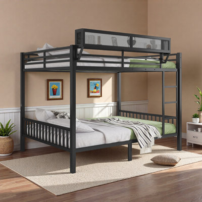 Queen Over Queen Metal Bunk Bed With Ladder And Storage Shelf For Adults Teens