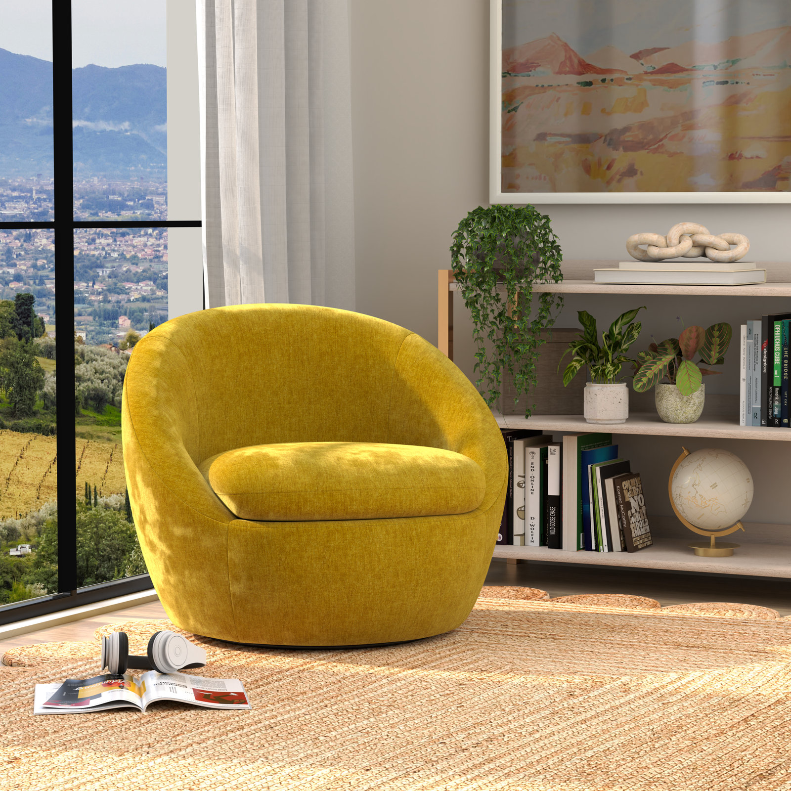 Kate Swivel Barrel Chair, Yellow Chenille