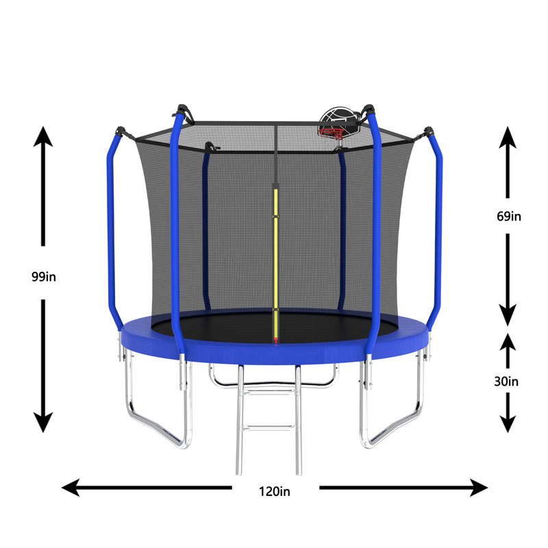 Blue 10FT Round Trampoline with Enclosure and Basketball Hoop