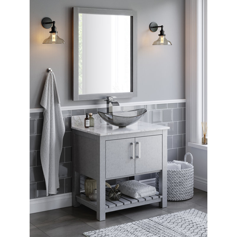 Meuble-lavabo de 30 po avec comptoir en marbre de Carrare, lavabo en verre et quincaillerie chromée, Chrome chrome