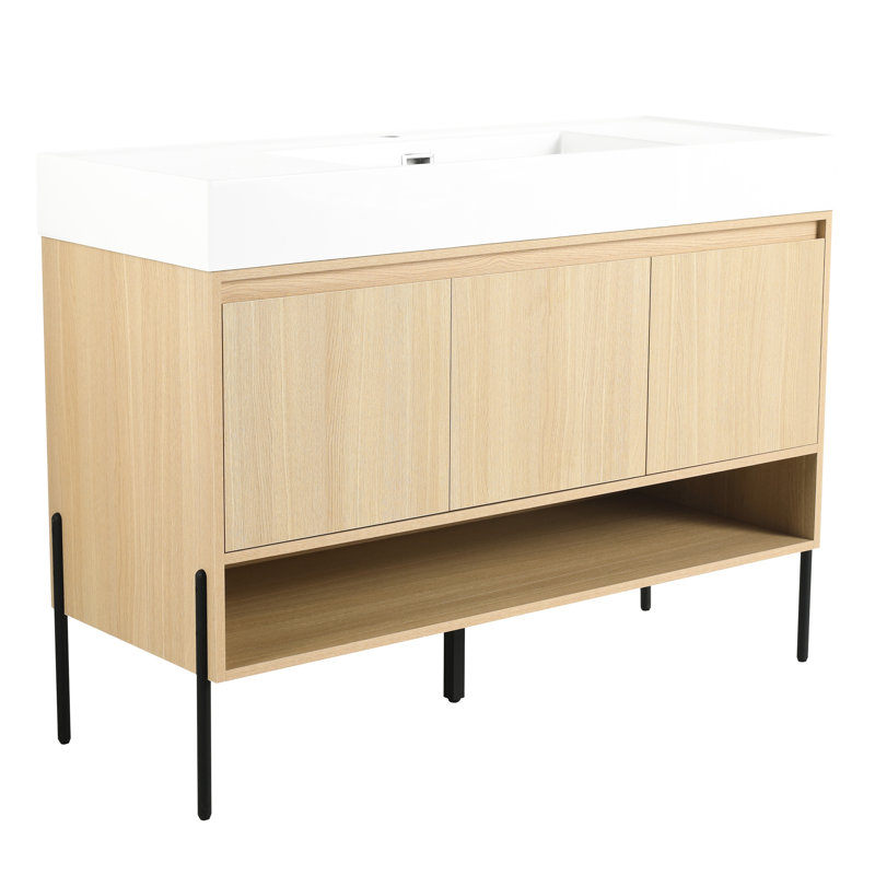 Meuble-lavabo 48 po avec lavabo simple en résine et armoire moderne à 3 portes en chêne - construction solide, assemblage facile, baignoire 48 po, lavabo, chêne, bois massif multicouche pour un élément attrayant contemporain