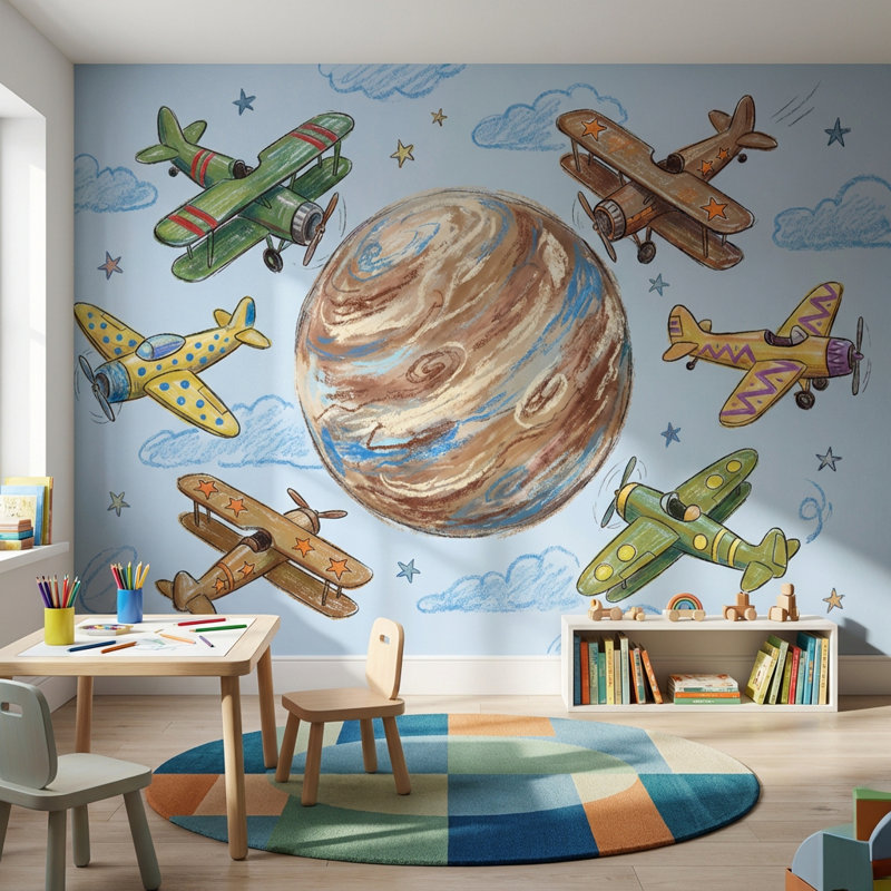 Papier peint planète fantaisiste Space Airplanes, Peler et coller, 200 po x 120 po