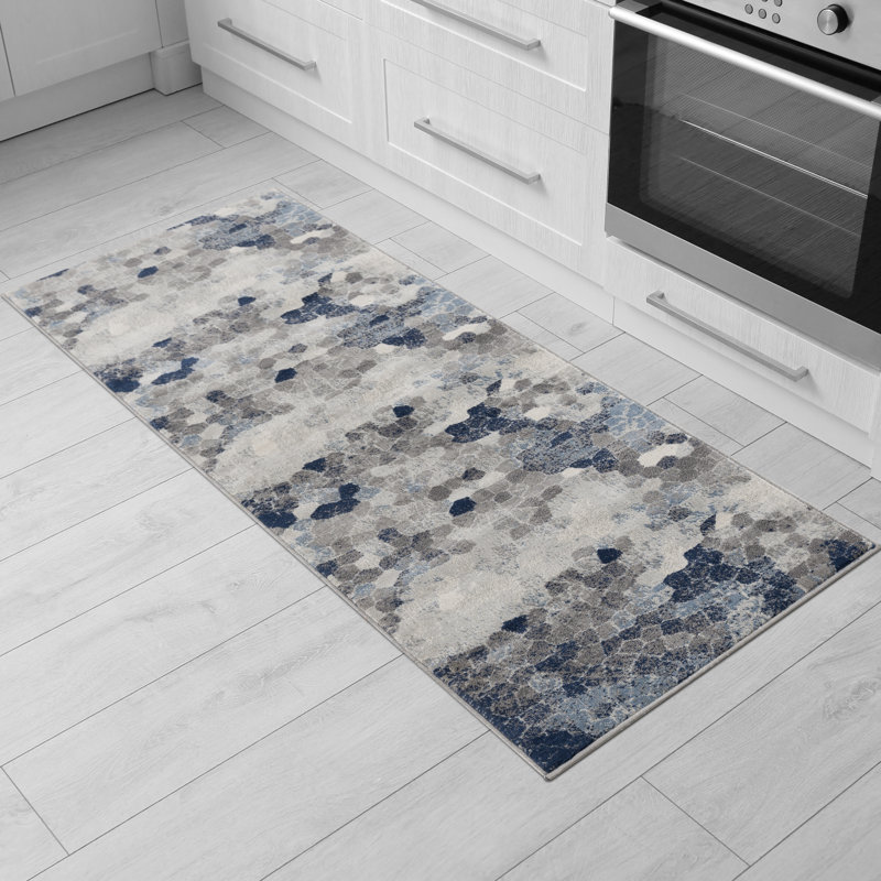 Tapis d'entrée avec tapis d'entrée en mosaïque bleu / beige 2 pi x 5 pi (2 pi 3 po x 5 pi 1 po) Branch Branch Joni