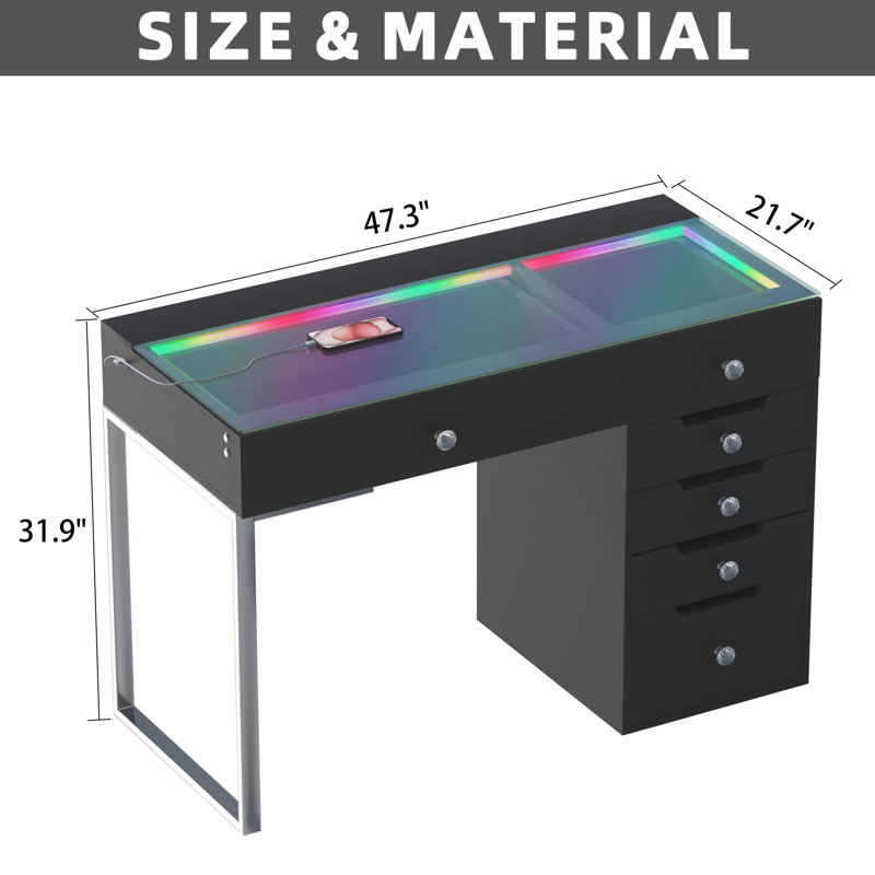 Makeup Vanity Desk HD Glass Countertop Built-in RGB Lighting Strip 6 Large Drawers Diamond Handles Very easy to assemble