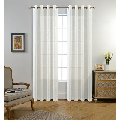 Off-White Moroccan Embroidered Semi-Sheer Curtains – 2 Grommet Panels
