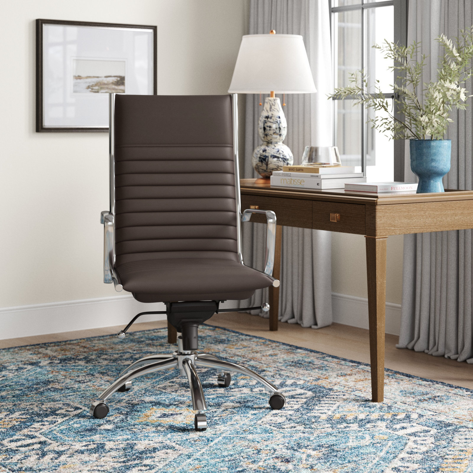 Naida Swivel Office Chair, Brown Faux Leather, Chrome