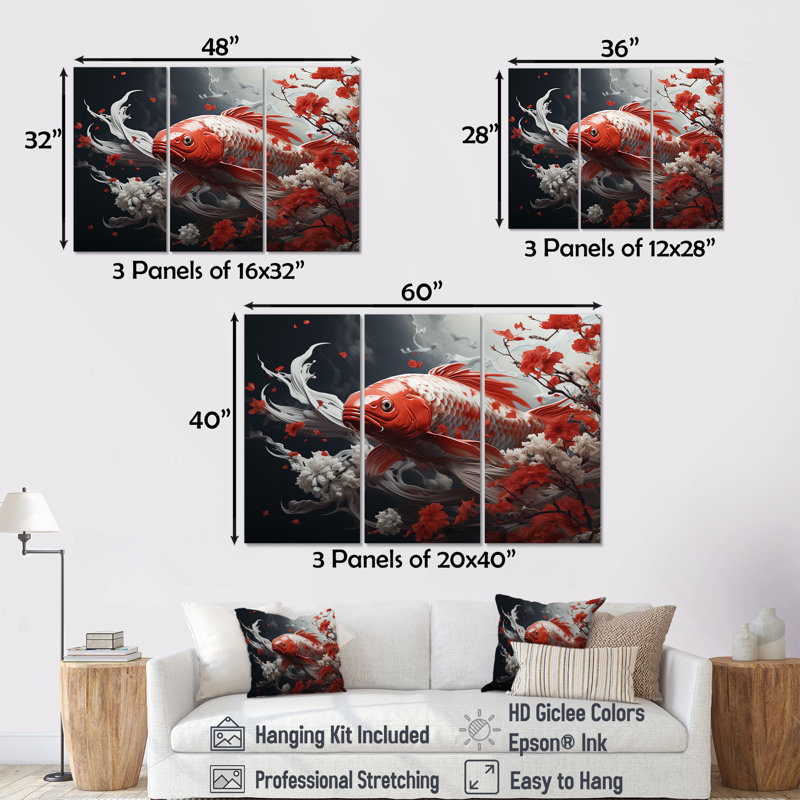 Poisson rouge et gris Kois nageant avec Serenity IV - ensemble d'art mural poisson Kois, H 28 po x l 36 po x P 1 po