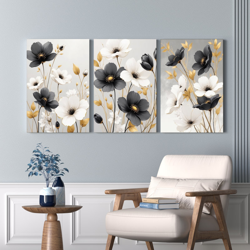 "Elegant Floral", reproduction d'art sur toile tendue sur toile monochrome (ensemble de 3), H 18 po x l 36 po