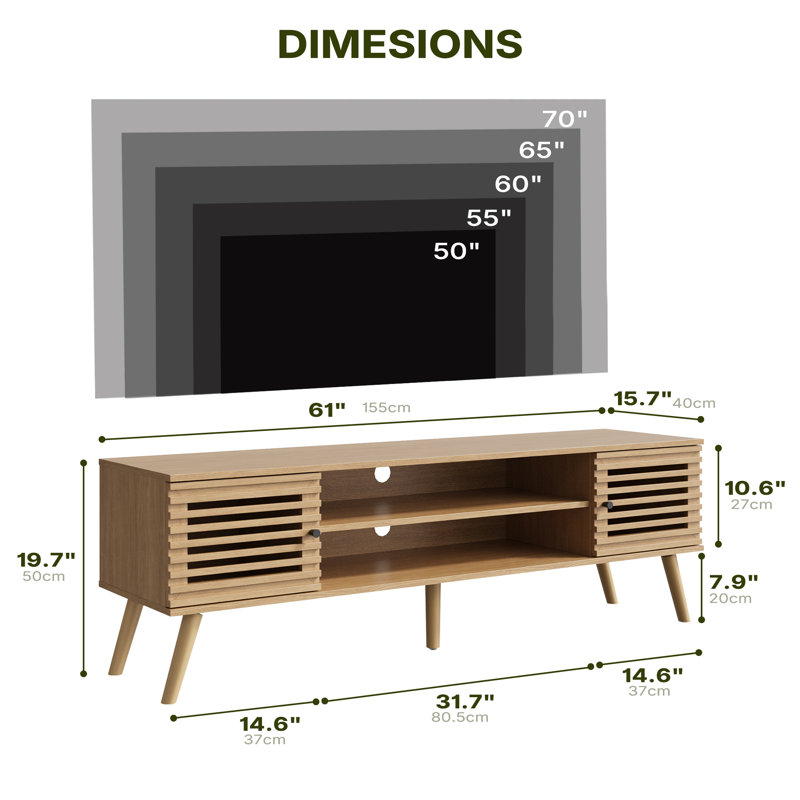 61" Mid Century Modern Tv Stand For 50/55/60/70 Inch Tv, Tv Media Console With Slatted Doors For Tvs Up To 70", Entertainment Center With Storage For Living Room, Bedroom, Oak