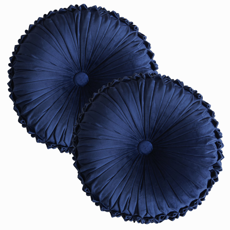 Round Throw Pillow Set Of 2 – Decorative Velvet Ruched Pumpkin Pillows With Button Center, Soft Handmade Cushions For Couch Sofa Bed Farmhouse Vintage Rustic Decor, 14.5"R