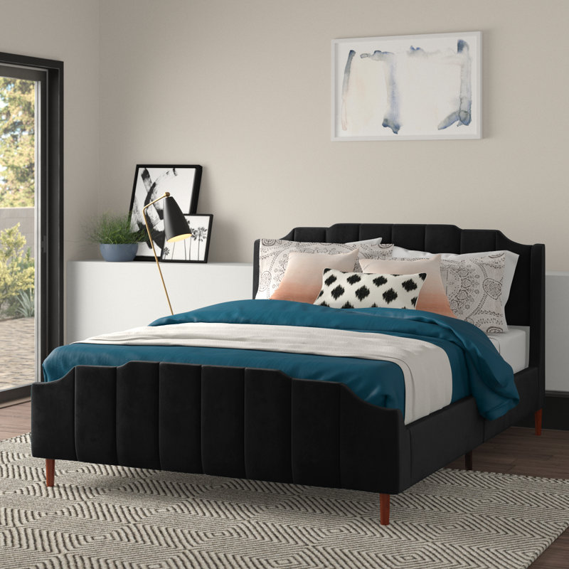 Lasater Queen Size Modern Curved Upholstered Bed, Black