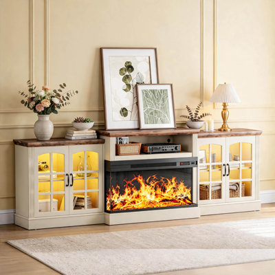 97"W Farmhouse TV Stand with 3-Sided Electric Fireplace For Over 100" Tvs, Large Storage Space & Glass Doors Media Console