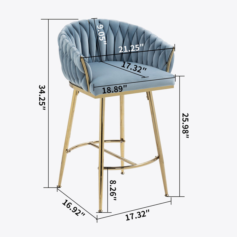 Ensemble de 2 tabourets de bar 26 po à hauteur de comptoir avec dossier ondulé à la main, base chromée dorée et repose-pieds (bleu)