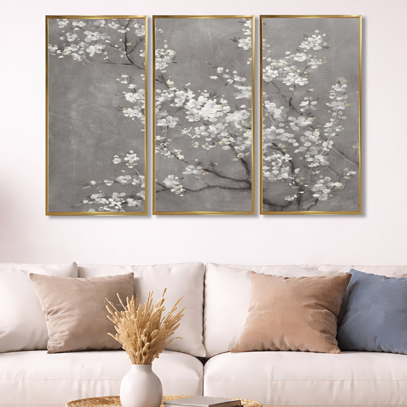 White Cherry Blossoms II - ensemble d'art mural sur toile encadré traditionnel de 3, Or, H 32 po x l 48 po x P 1 po