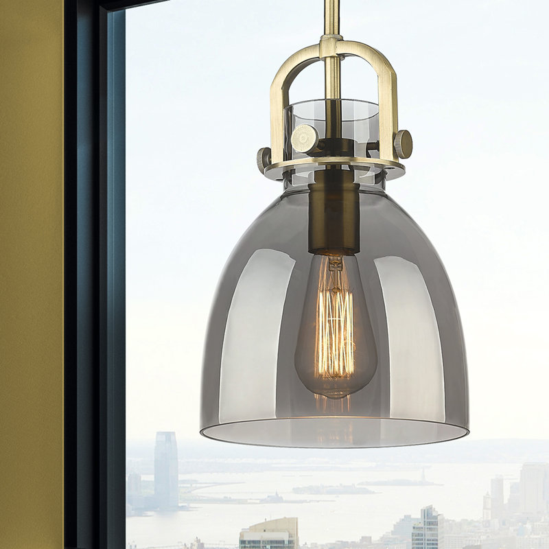 Luminaire suspendu sur tige 1 lumière Wimbush, Laiton brossé, Plaqué couleur fumée, H 9,63 po x l 8 po x P 8 po