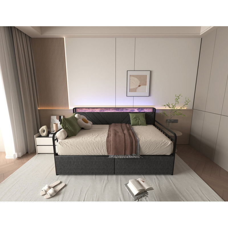 Twin Daybed With Drawers, Sturdy Metal Frame, Upholstered Headboard, And Charging Station For Versatile Use In Living Room, Bedroom, And Guest Room