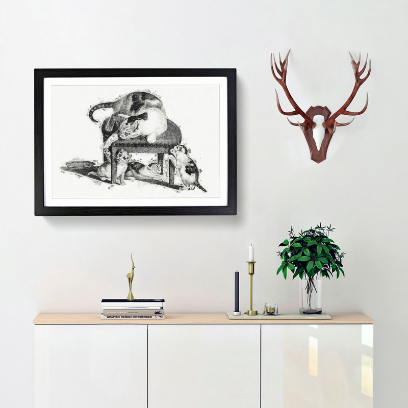 Cat with Kittens by Gottfried Mind - Picture Frame Drawing Print, 27cm H x 36cm W x 2cm D, Black Framed