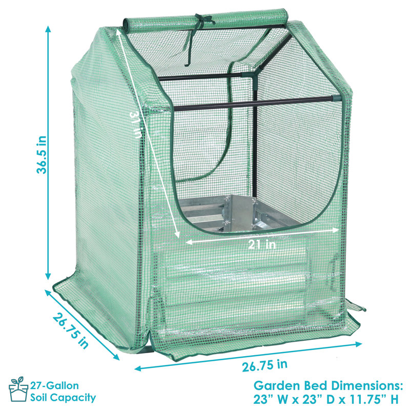 Garmer Outdoor Mini Greenhouse with Metal Raised Garden Bed with Green Cover, 36.5" H x 26.75" W x 26.75"D
