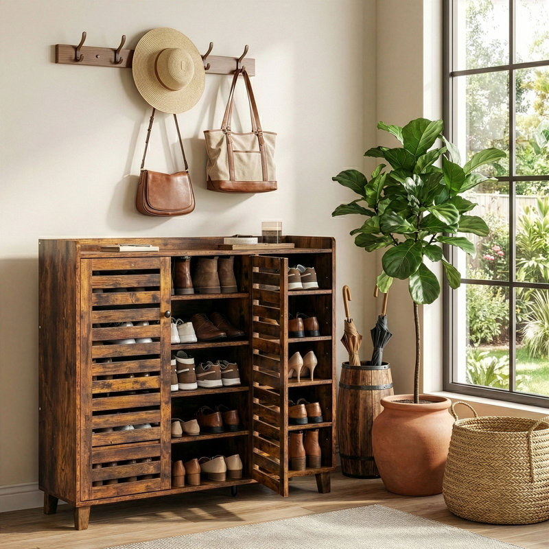Armoire à chaussures 2 portes avec 5 tablettes ouvertes avec dosseret l 45,67 po, Bois patiné