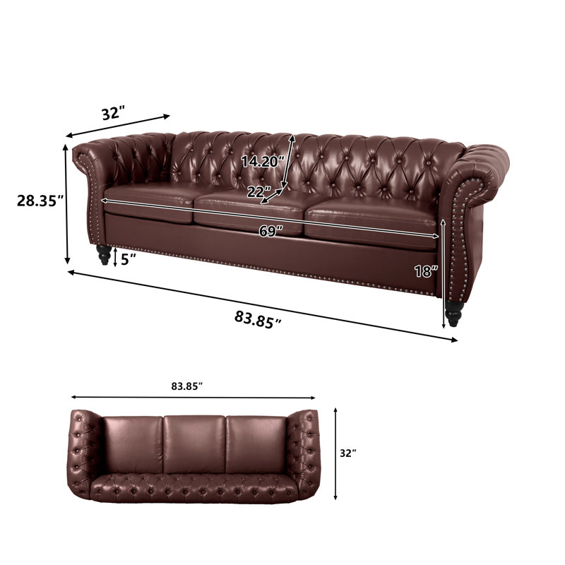 Deaneen 83.85'' Faux Leather Sofa, Brown Faux Leather