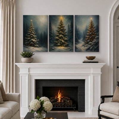 Décoration murale hivernale chaleureuse représentant un sapin de Noël, tableau pour salon, impression giclée sur toile encadrée en 3 pièces - 3 pièces de 40,6 x 61 cm et 3 pièces de 61 x 91,4 cm