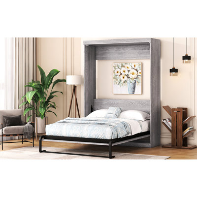 Lit double gris avec rangement pour armoire et fonction d'économie d'espace en gris, convertible et pratique