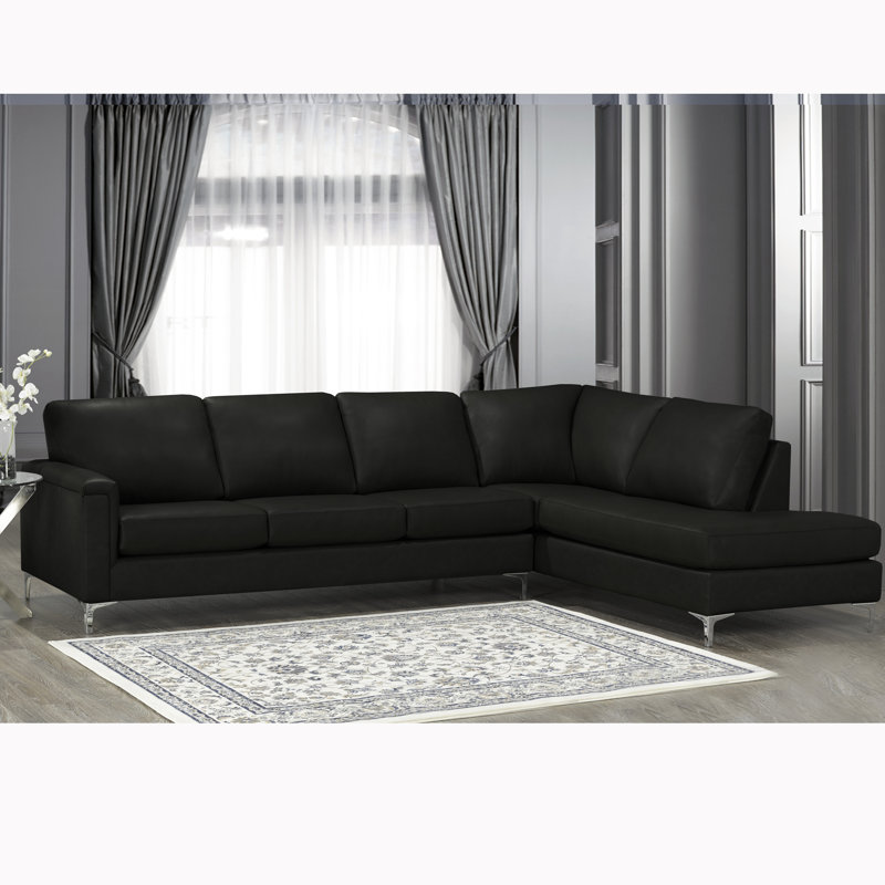 Platte Upholstered L-Shaped Sectional Right Hand Facing, Black Genuine Leather