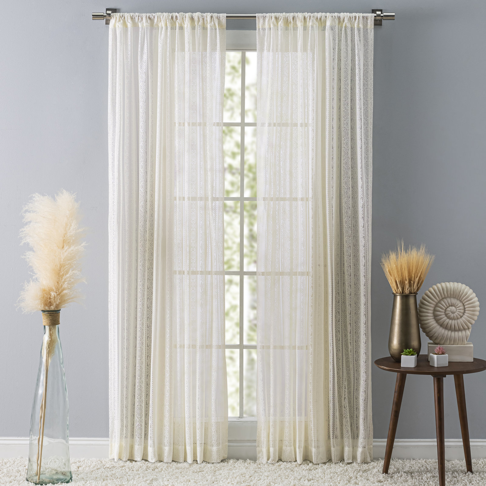 Erial Geometric Lace Semi-Sheer Curtain Panel, White, 54'' W x 96'' L