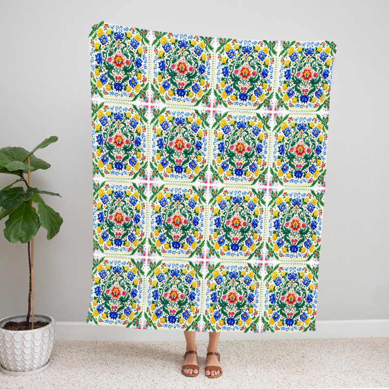 Throw Blanket, 68" W x 80" L, Blue/Yellow/Red, Checkered/Floral