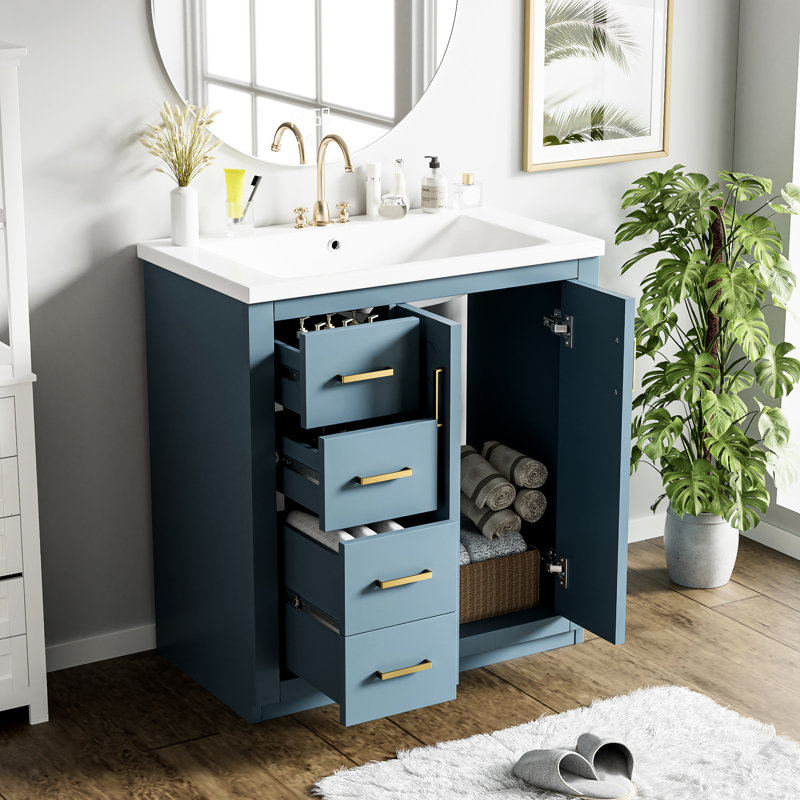 Meuble-lavabo en céramique 30 po. Bois massif et fabrication. Tiroir dissimulé. Meuble-lavabo Indigo Et beaucoup d'espace de rangement. Conception élégante. Finition. Essentiel