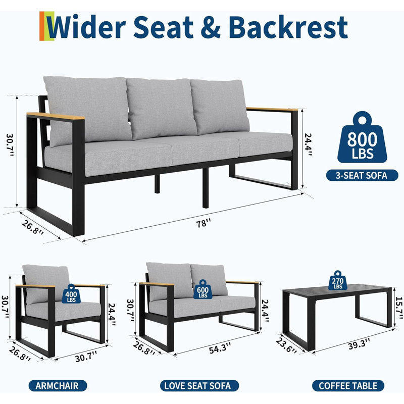 Ensemble de mobilier d'extérieur en aluminium avec table basse, ensembles de conversation de patio 6 pièces avec repose-pieds et coussins épais lavables pour patio, porche, balcon, terrasse, gris