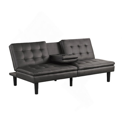 Contemporary Futon Sofa Bed With Gray Finish, Biscuit Tufting, Drop-Down Table, And USB Chargers For Modern Living