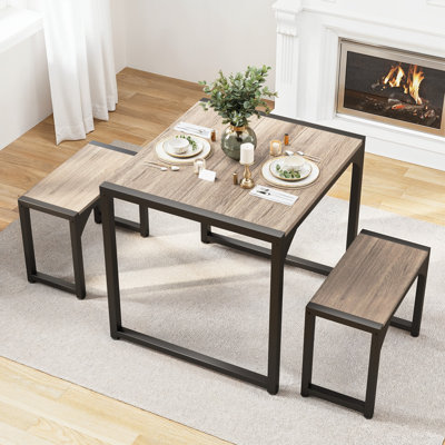 25.6" 3-Piece Dining Table Set with 2 Benches and Steel Frame, Space-Saving Design, Seats 2