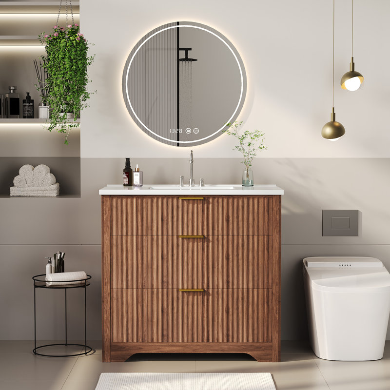 36" Fluted Bathroom Vanity with Sink, Freestanding Bathroom Vanity Cabinet with 2 Drawers & Flip-Down Drawer, Modern Farmhouse Bathroom Storage Cabinet