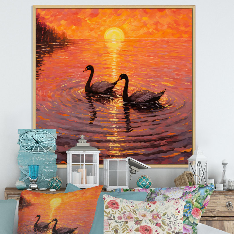 Cygnes amoureux, coucher de soleil romantique, Cadre naturel flottant, 16" H x 16" W