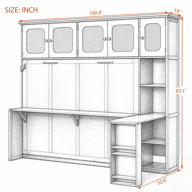 Lit escamotable avec bureau intégré et armoires de rangement en rotin, lit mural gain de place pour bureau à domicile, Black