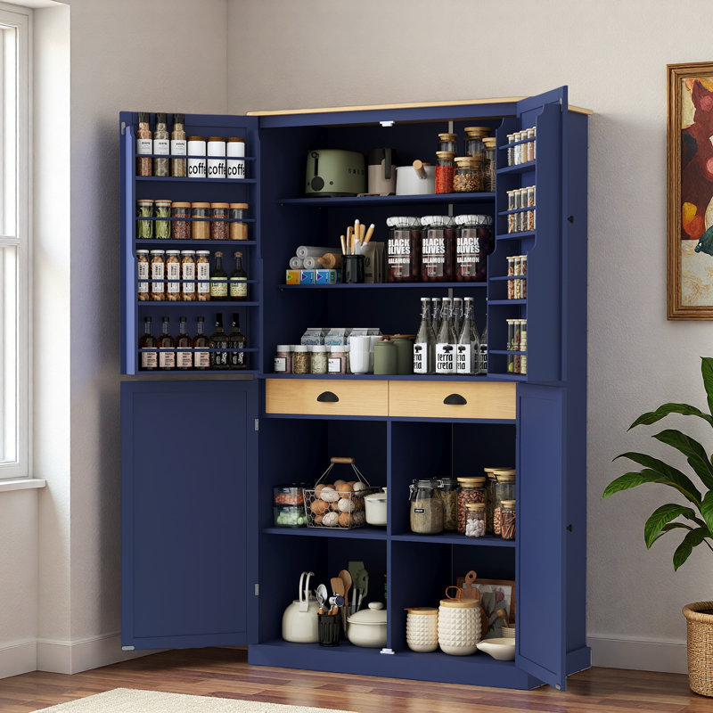 Garde-manger haute autoportant avec 2 tiroirs, 2 tablettes réglables et 8 tablettes de porte