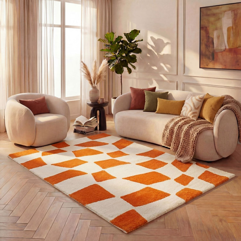 Joli Chequered Area Rug Soft Dense Pile for Living Rooms and Bedrooms, Rectangle 200 x 290 cm, Orange/White