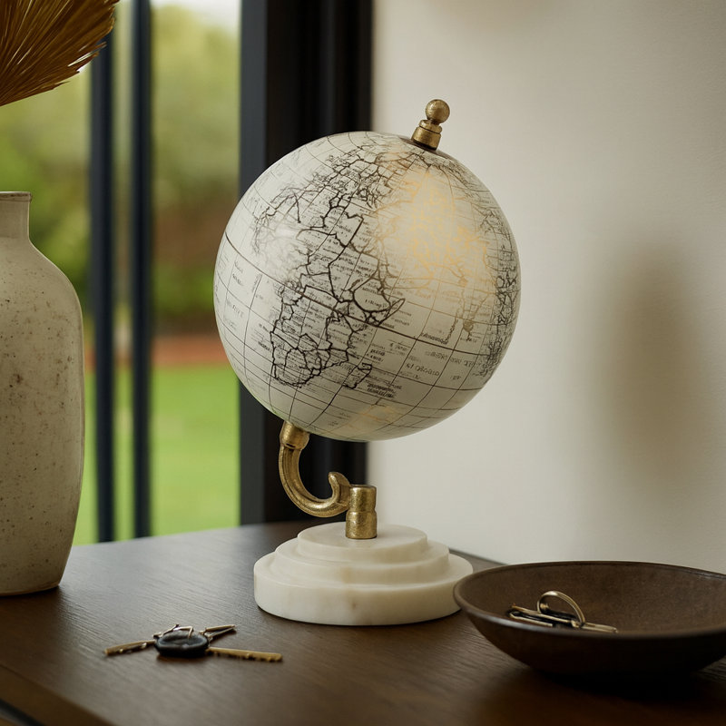 Decorative Globe With Ridged Marble Base For Living Room Decor - Modern Accent For Home And Office Decor - 10", White & Gold