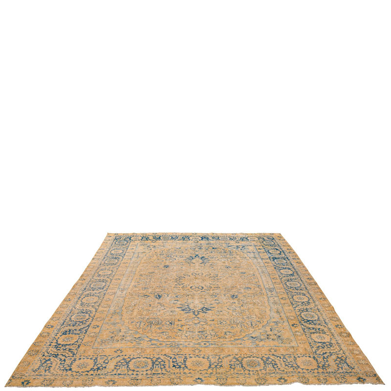 Tapis beige / bleu unique de 8 pi 11 po x 12 pi années 1990