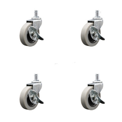 3 Inch Thermoplastic Wheel 7/8 Inch Grip Ring Stem Caster with Brakes Set of 4