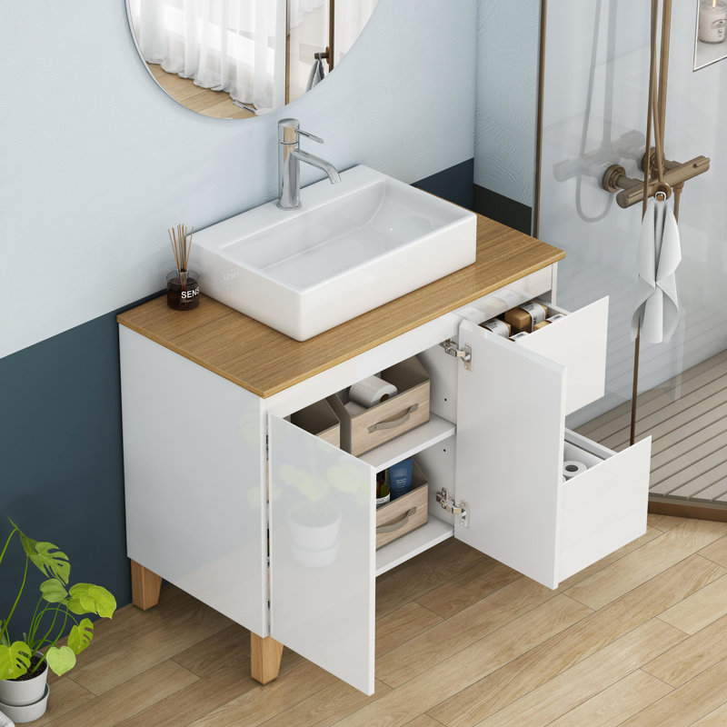 Meuble-lavabo de 36 pouces, 2 portes, grands tiroirs avec système de fermeture en douceur, comptoir et pieds en bois massif, lavabo carré en céramique sur comptoir, lavabo moderne blanc brillant pour salle de bain familiale, tiroirs de portes,