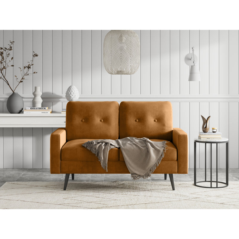 Agathi 58" Black Metal Feet Square Arm Silk Fabric Sofa Loveseat, Ginger