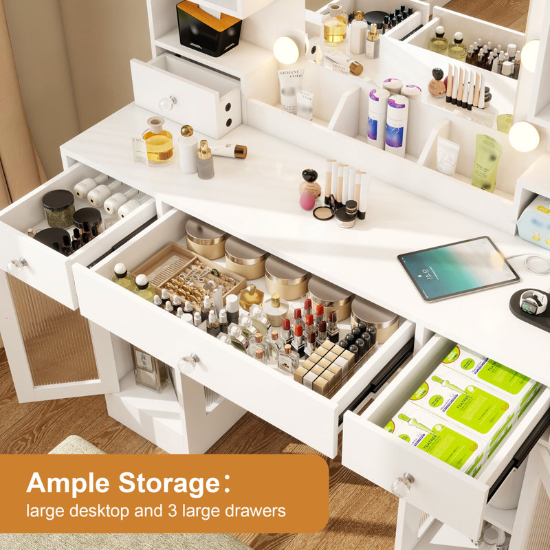 Vanity Desk with Mirror and Lights, 43" Large Makeup Vanity with 4 RGB Storage Cabinets, Power Outlet & 4 Drawers, 3 Color Lighting Modes, Adjustable Brightness for Women & Girls Bedroom