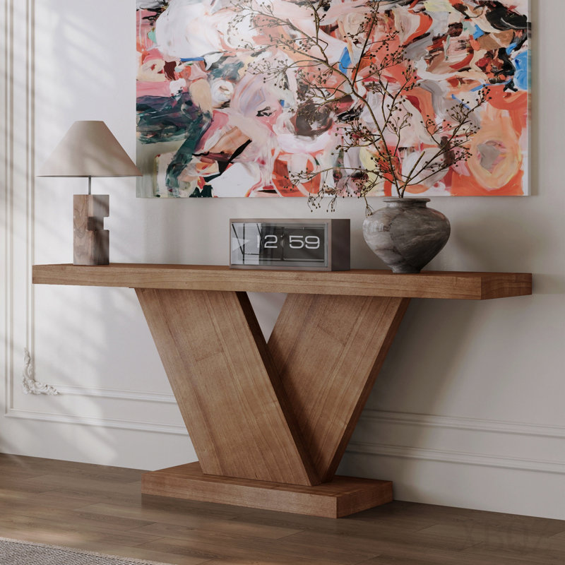 66" L Modern X-Leg Console Table With Solid Wood Veneer, Sturdy Entryway Hallway Table For Small Space, Mid-Century Narrow Sofa Table With Geometric Design & Wide Top, Walnut