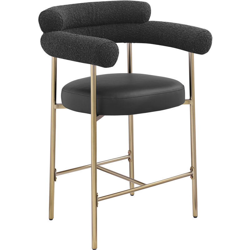 Tabouret de comptoir 26 po Blake, Or brossé, Black, Cuir végétalien / tissu bouclé